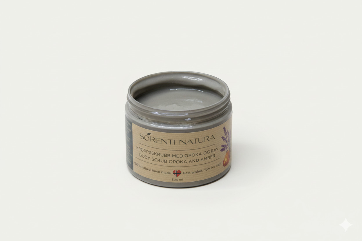 Lokket på Sorenti Natura kroppsskrubb – bærekraftig og miljøvennlig emballasje