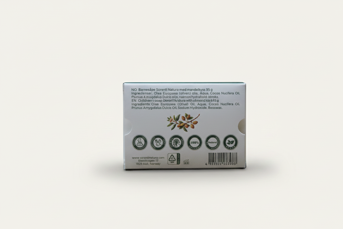 Ingredienser og bruksanvisning for Sorenti Natura Mandelkyss duftfri barnesåpe