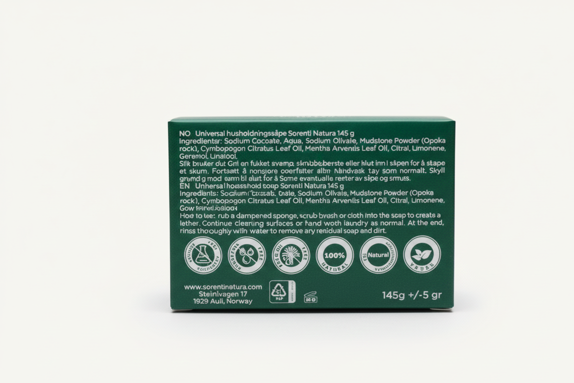 Resirkulert emballasje og bruksanvisning for Sorenti Natura husholdningssåpe